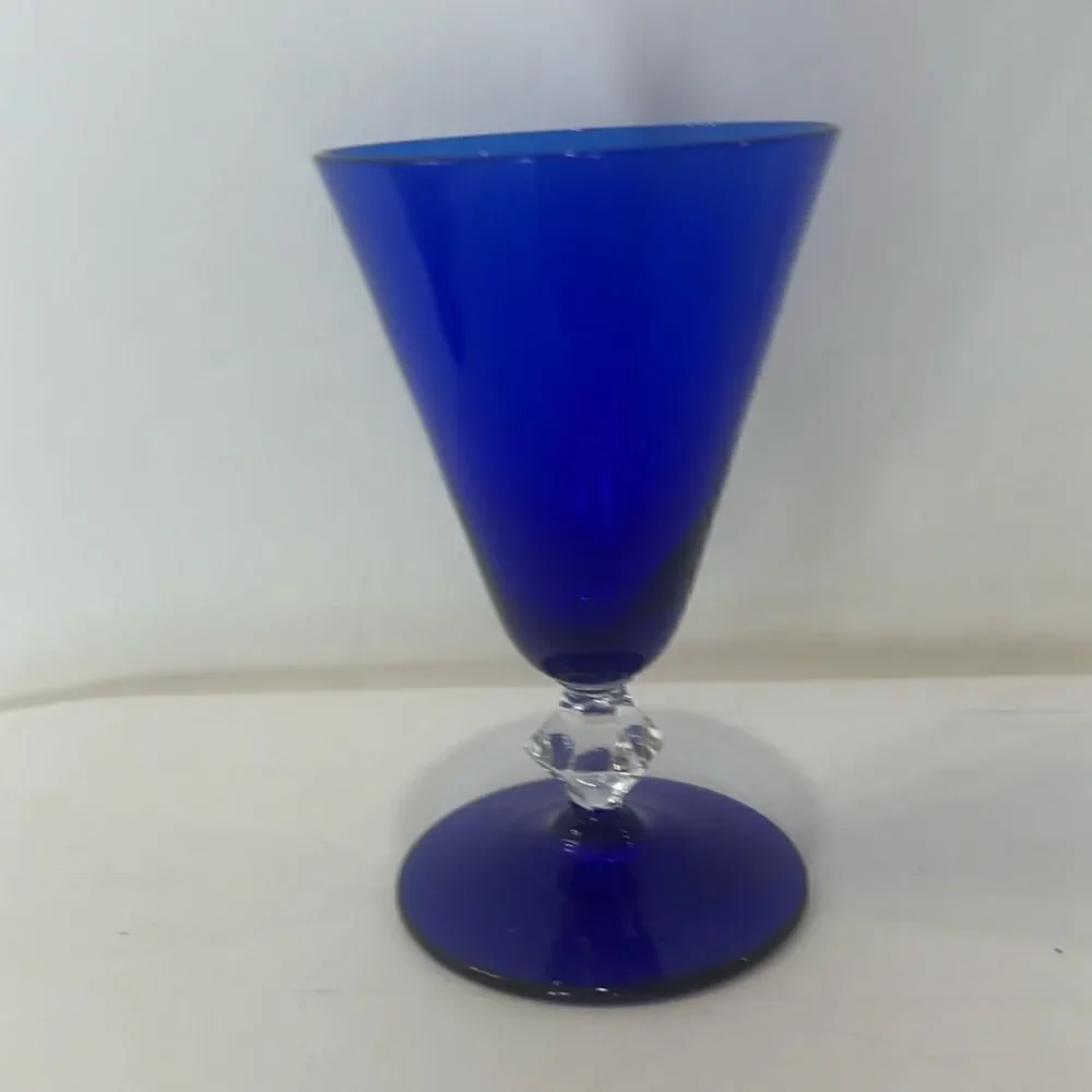 Cobalt Blue Glass Cordial Champagne Glass Diamond Stem 4 Oz Vintage Art Deco